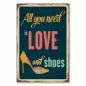 Preview: Retro Poster im Used-Look mit dem Spruch "All you need is love and shoes" und einem gelben High Heel.